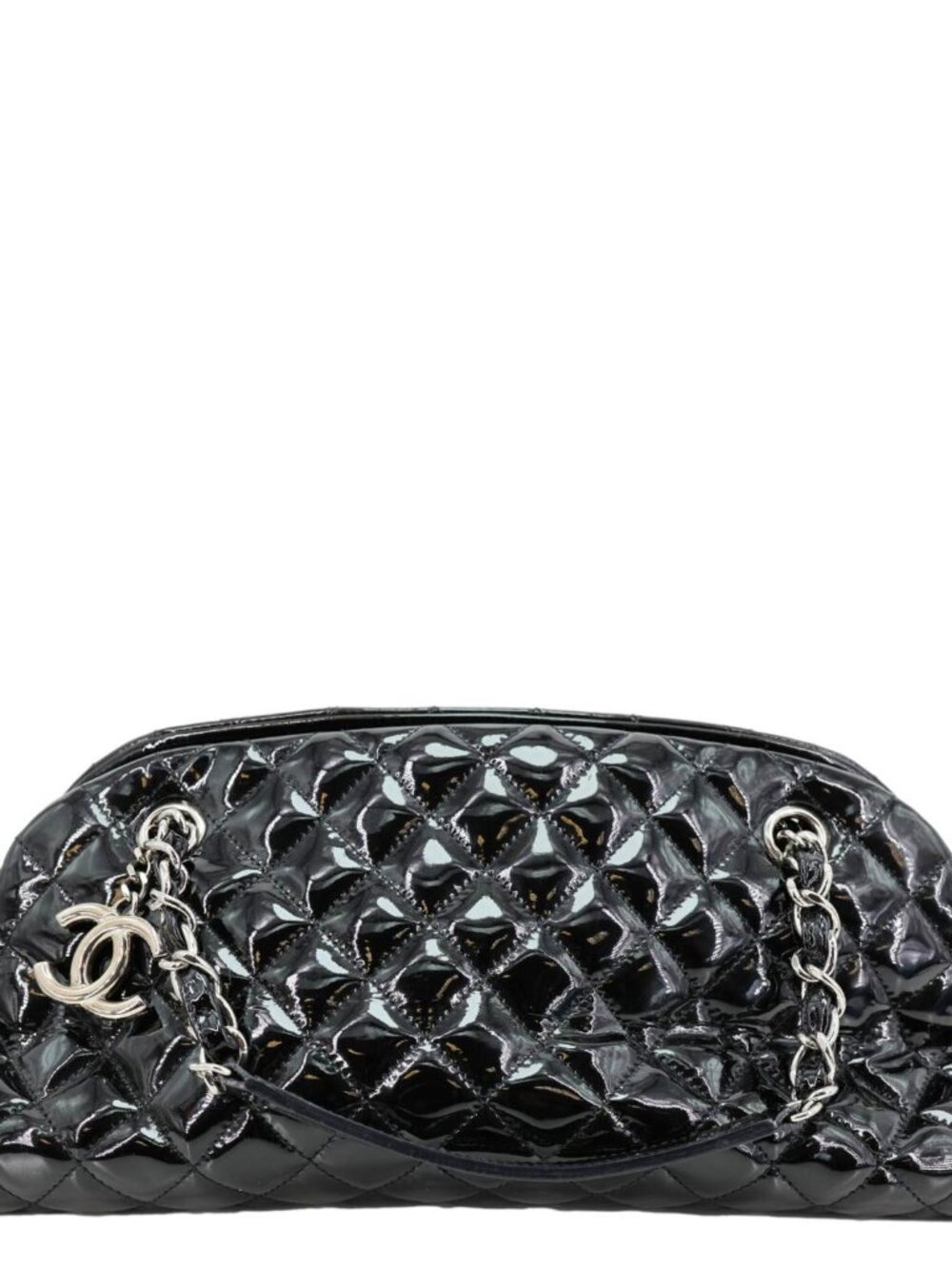 Chanel Just Mademoiselle Bowling Quilted Patent Leather Shoulder Bag Black